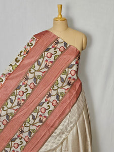 Pen Kalamkari Cotton Tussar Saree with Floral Border & Contrast Patti