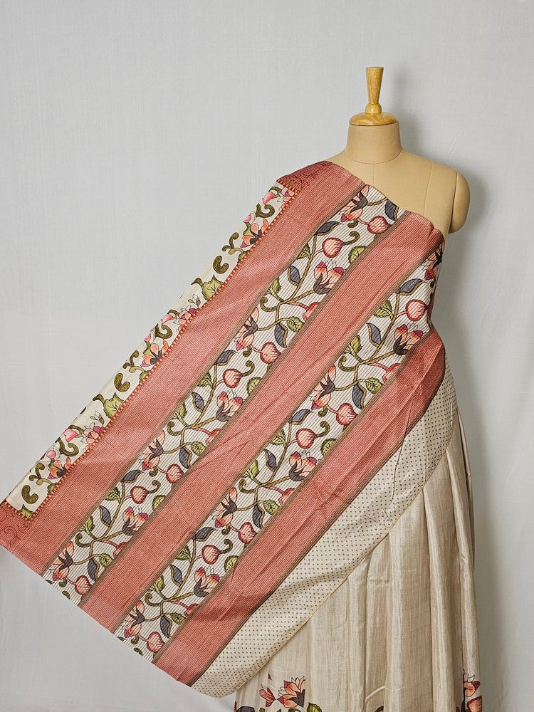 Pen Kalamkari Cotton Tussar Saree with Floral Border & Contrast Patti
