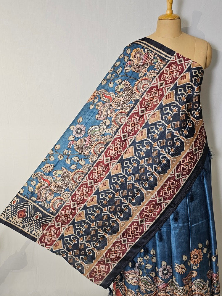 Pen Kalamkari Cotton Tussar Saree with Peacock Motif & Ikkat Border