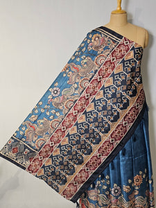 Pen Kalamkari Cotton Tussar Saree with Peacock Motif & Ikkat Border
