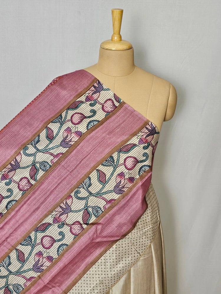 Pen Kalamkari Cotton Tussar Saree with Floral Border & Contrast Patti