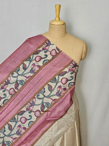 Pen Kalamkari Cotton Tussar Saree with Floral Border & Contrast Patti