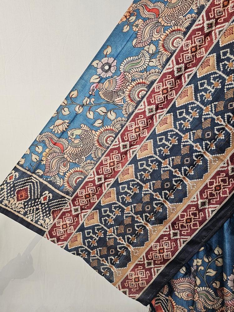 Pen Kalamkari Cotton Tussar Saree with Peacock Motif & Ikkat Border