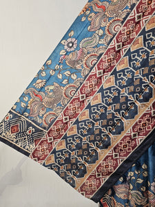 Pen Kalamkari Cotton Tussar Saree with Peacock Motif & Ikkat Border