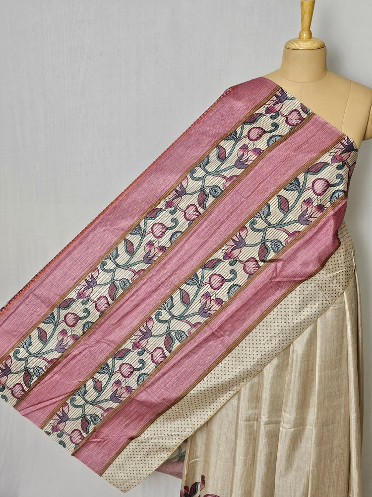 Pen Kalamkari Cotton Tussar Saree with Floral Border & Contrast Patti