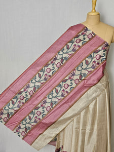Pen Kalamkari Cotton Tussar Saree with Floral Border & Contrast Patti