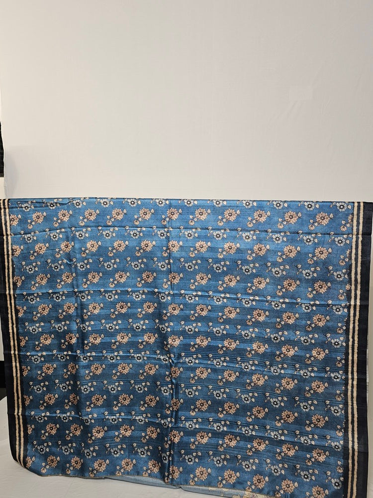 Pen Kalamkari Cotton Tussar Saree with Peacock Motif & Ikkat Border