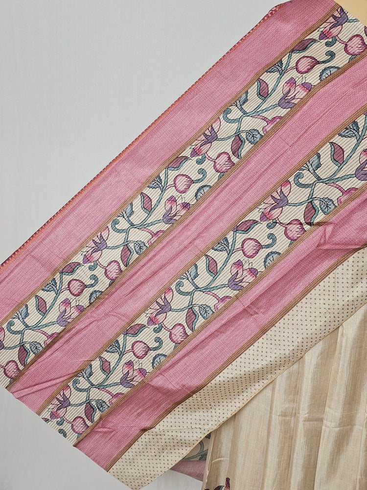 Pen Kalamkari Cotton Tussar Saree with Floral Border & Contrast Patti