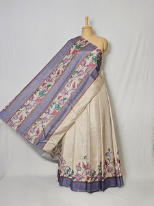 Pen Kalamkari Cotton Tussar Saree with Floral Border & Contrast Patti