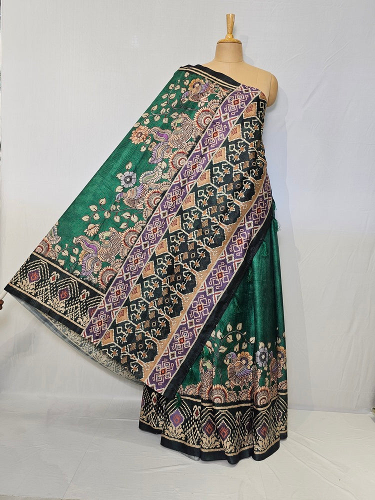 Pen Kalamkari Cotton Tussar Saree with Peacock Motif & Ikkat Border