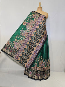 Pen Kalamkari Cotton Tussar Saree with Peacock Motif & Ikkat Border