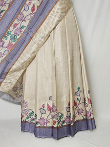 Pen Kalamkari Cotton Tussar Saree with Floral Border & Contrast Patti