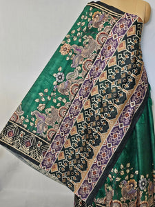 Pen Kalamkari Cotton Tussar Saree with Peacock Motif & Ikkat Border
