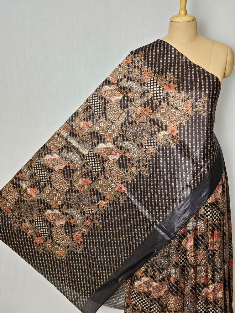 Floral Kalamkari Printed Satin Saree with Leheriya Border
