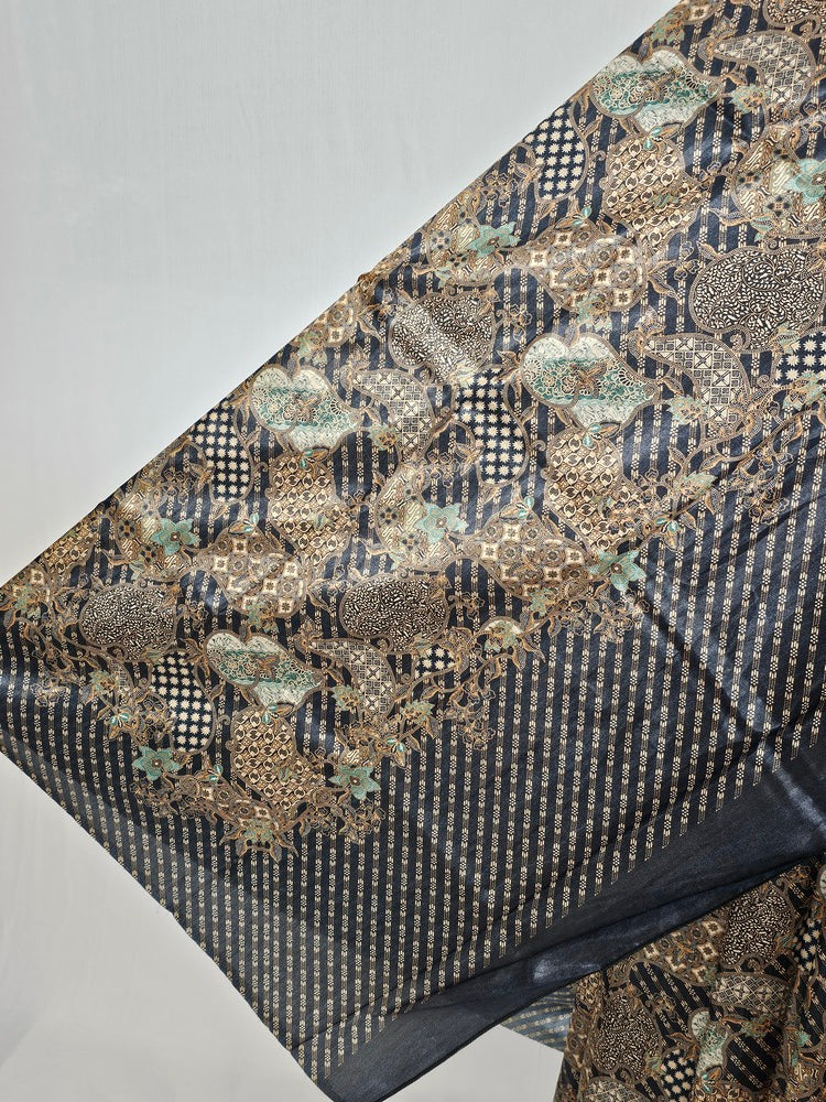 Floral Kalamkari Printed Satin Saree with Leheriya Border