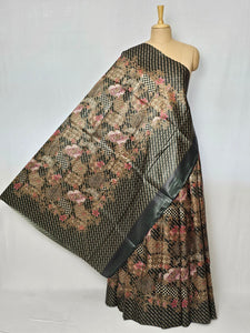 Floral Kalamkari Printed Satin Saree with Leheriya Border