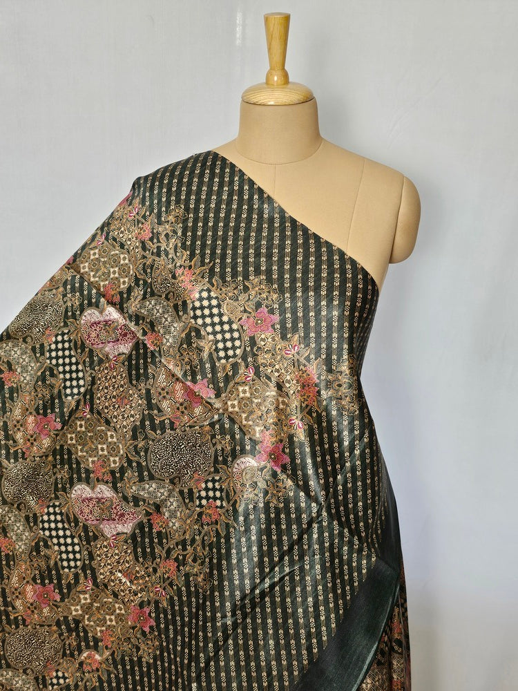 Floral Kalamkari Printed Satin Saree with Leheriya Border