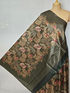 Floral Kalamkari Printed Satin Saree with Leheriya Border