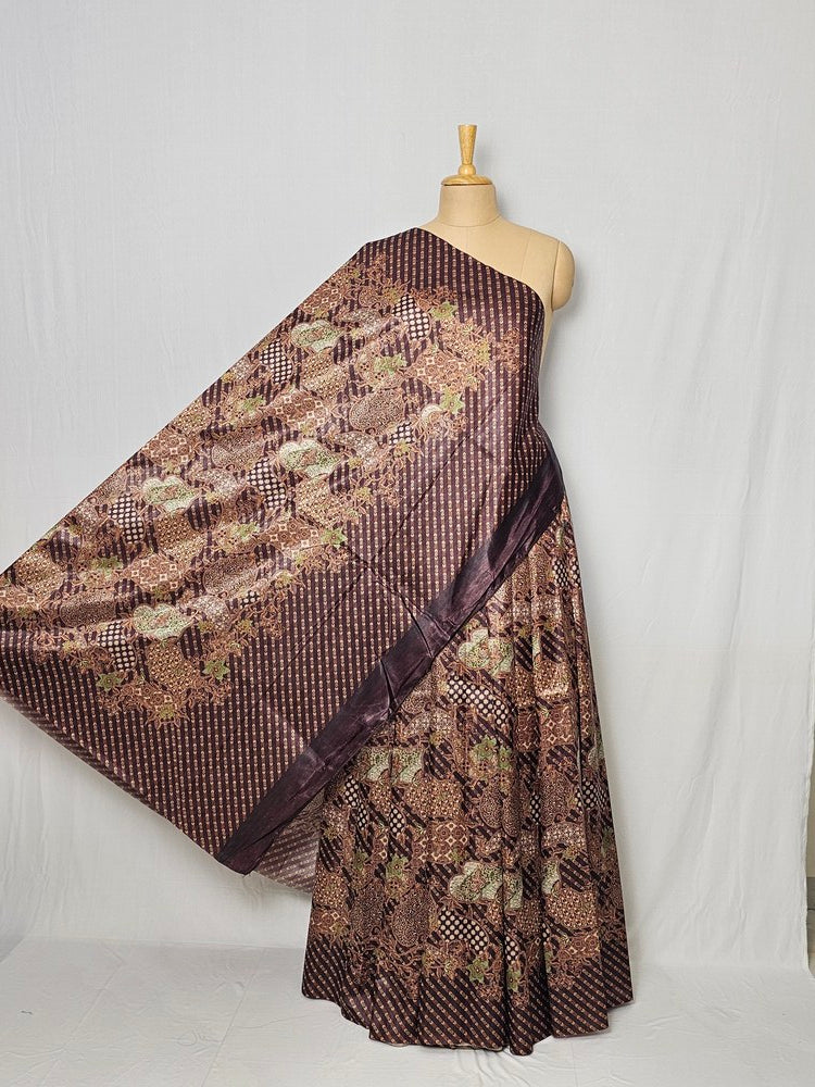 Floral Kalamkari Printed Satin Saree with Leheriya Border