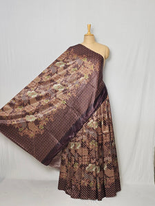 Floral Kalamkari Printed Satin Saree with Leheriya Border