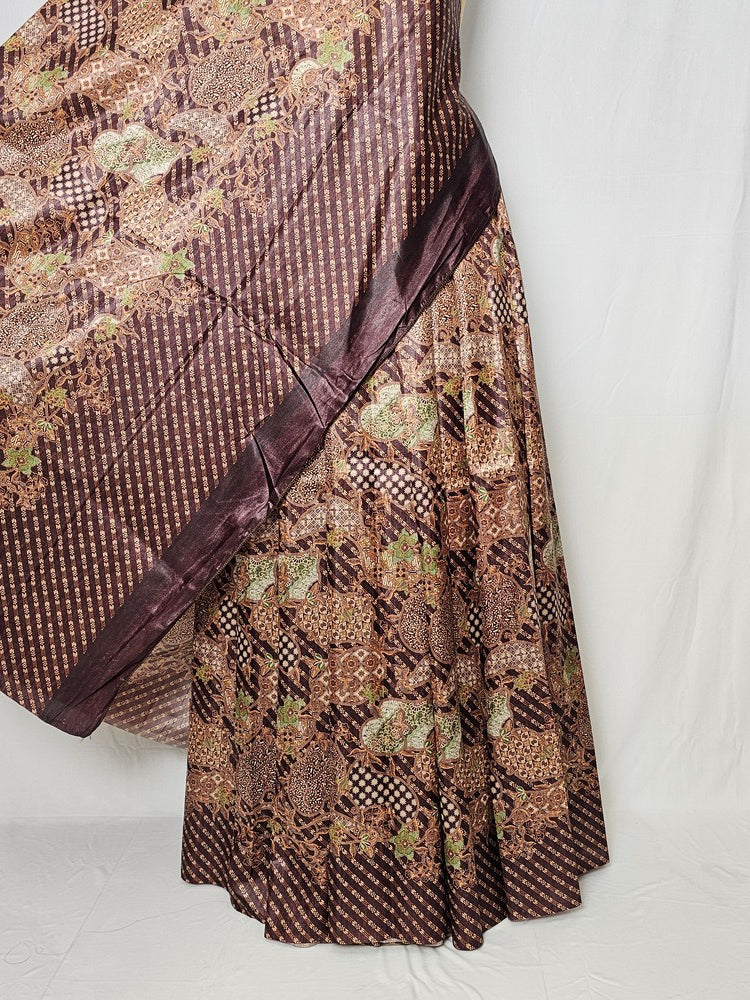 Floral Kalamkari Printed Satin Saree with Leheriya Border