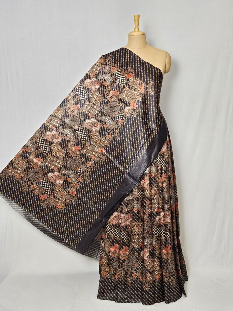Floral Kalamkari Printed Satin Saree with Leheriya Border