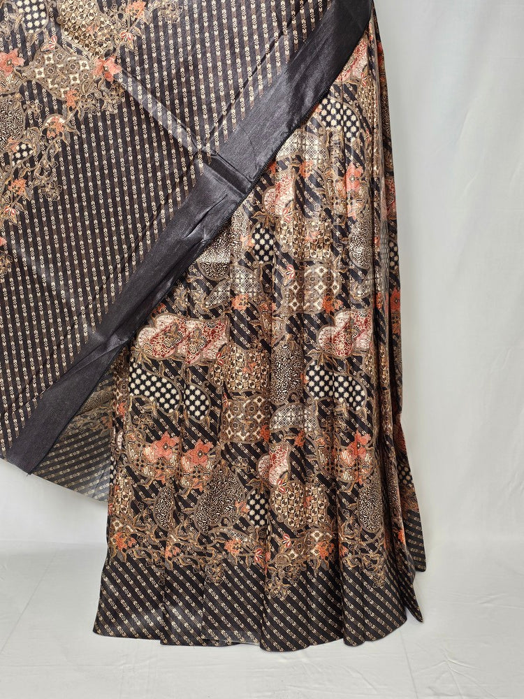 Floral Kalamkari Printed Satin Saree with Leheriya Border