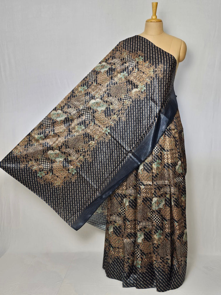 Floral Kalamkari Printed Satin Saree with Leheriya Border