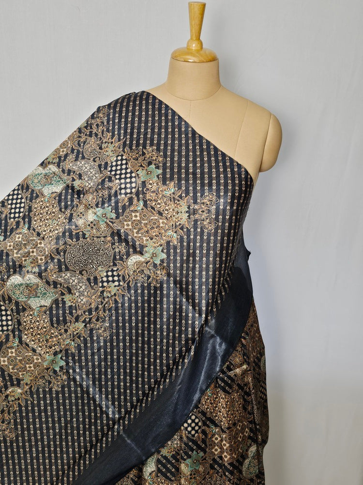 Floral Kalamkari Printed Satin Saree with Leheriya Border