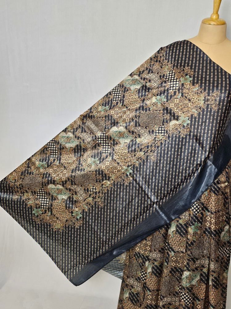 Floral Kalamkari Printed Satin Saree with Leheriya Border