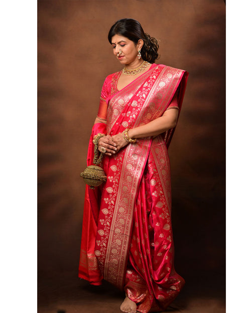 Nauvari Banarasi Saree in Crape Silk with Zari Butta & Designer Border