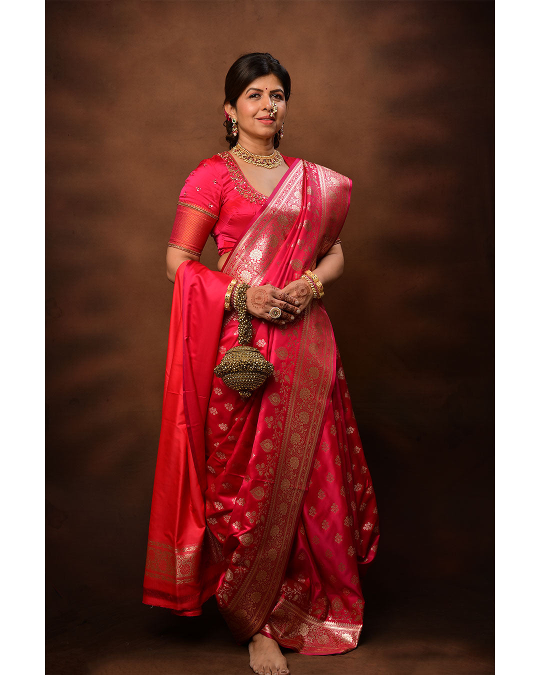 Nauvari Banarasi Saree in Crape Silk with Zari Butta & Designer Border