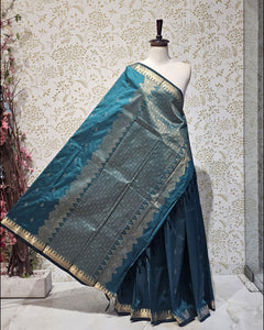 Kanjivaram Silk Saree Light Gold Jari Butti with Temple Small Border & Brocade Pallu