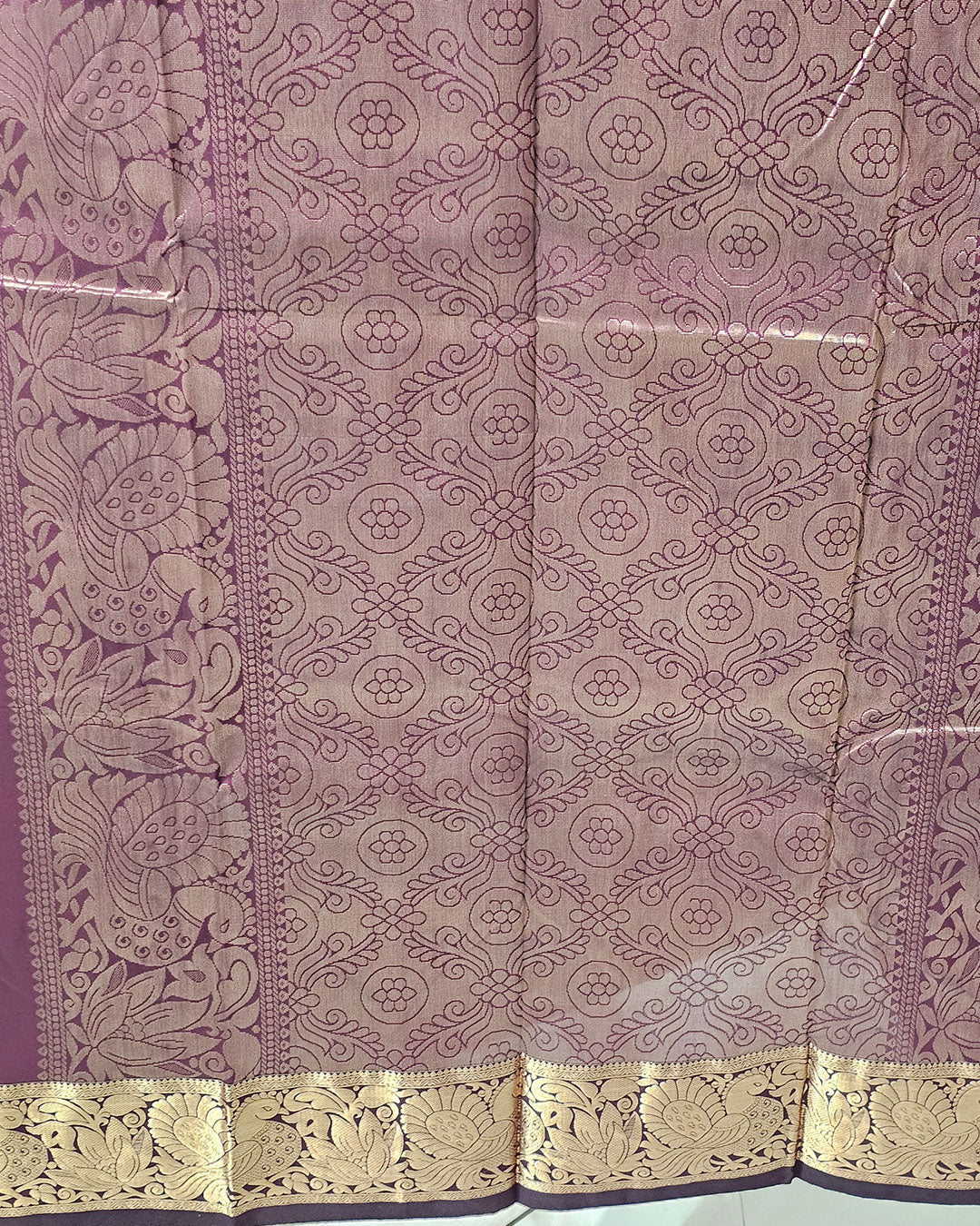 Kanjivaram Silk Saree  Light Gold Jari Butti with 4-Inch Border & Brocade Pallu