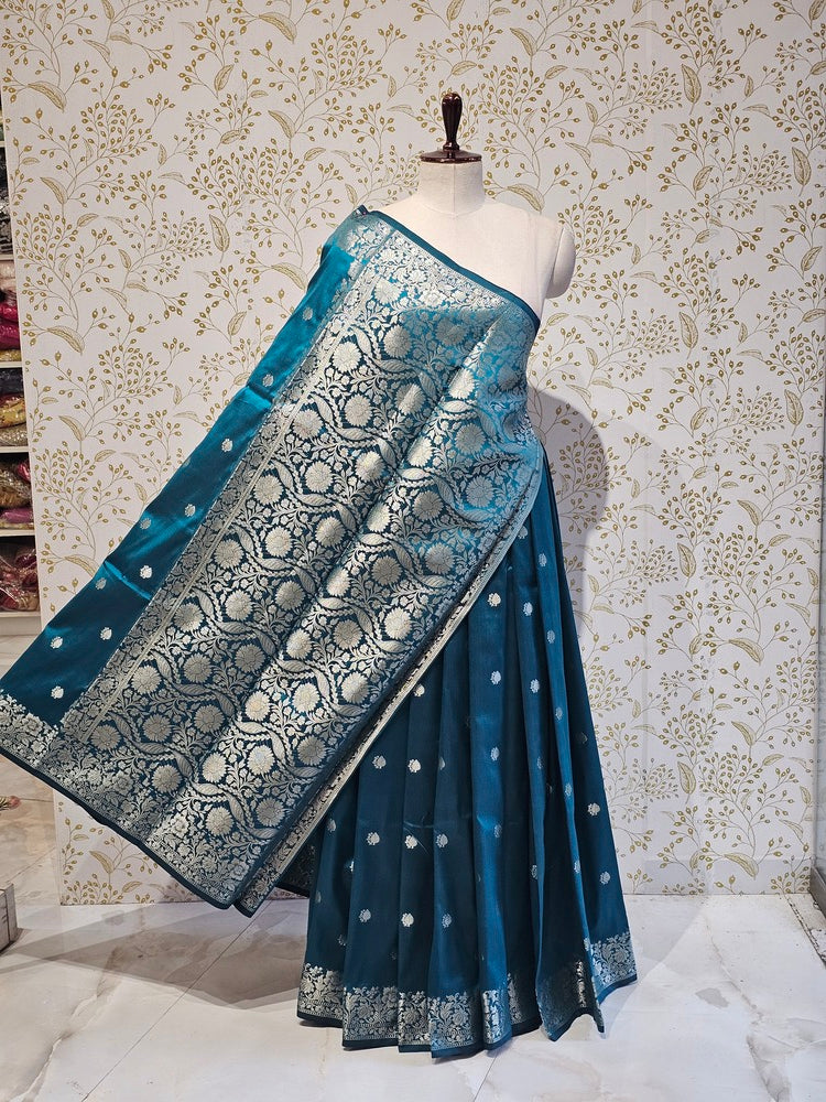 Banarasi Soft Silk Saree  Silver Floral Border & Designer Pallu