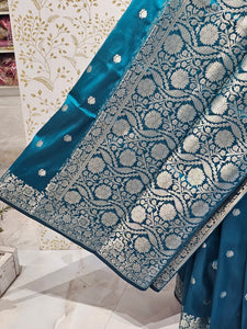 Banarasi Soft Silk Saree  Silver Floral Border & Designer Pallu