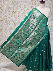 Banarasi Soft Silk Saree  Silver Floral Border & Designer Pallu
