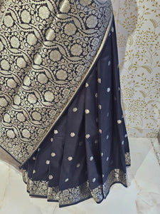 Banarasi Soft Silk Saree  Silver Floral Border & Designer Pallu