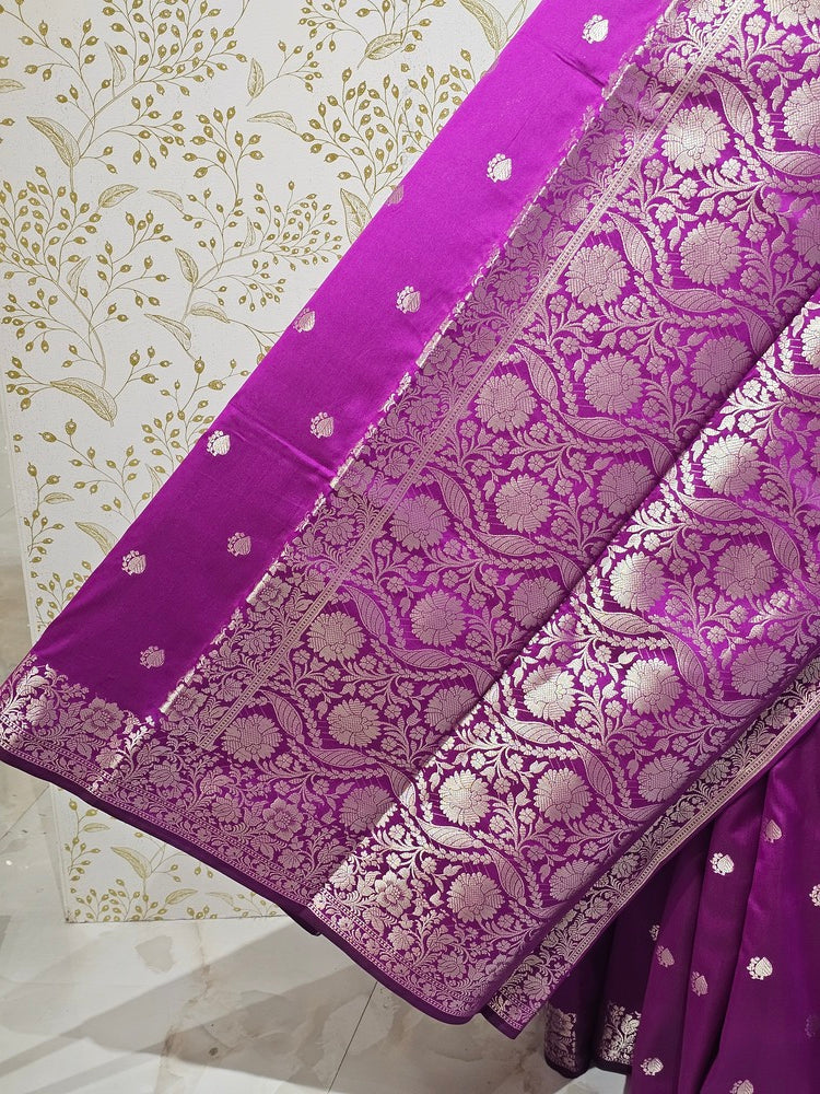 Banarasi Soft Silk Saree  Silver Floral Border & Designer Pallu