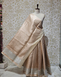 Tissue Kanjivaram Saree Light Gold Brocade with Silver Zari Floral Border & Brocade Pallu