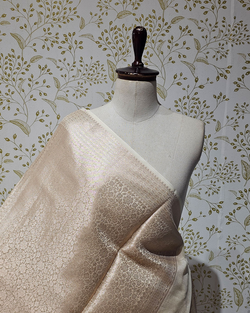 Tissue Kanjivaram Saree Light Gold Brocade with Silver Zari Floral Border & Brocade Pallu