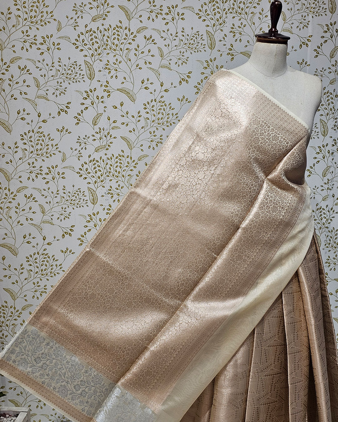 Tissue Kanjivaram Saree Light Gold Brocade with Silver Zari Floral Border & Brocade Pallu