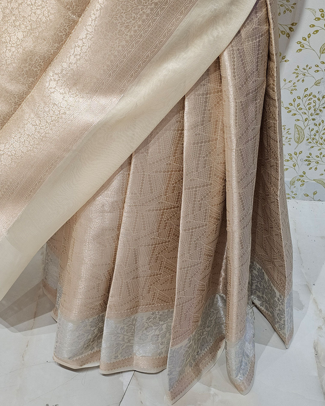 Tissue Kanjivaram Saree Light Gold Brocade with Silver Zari Floral Border & Brocade Pallu