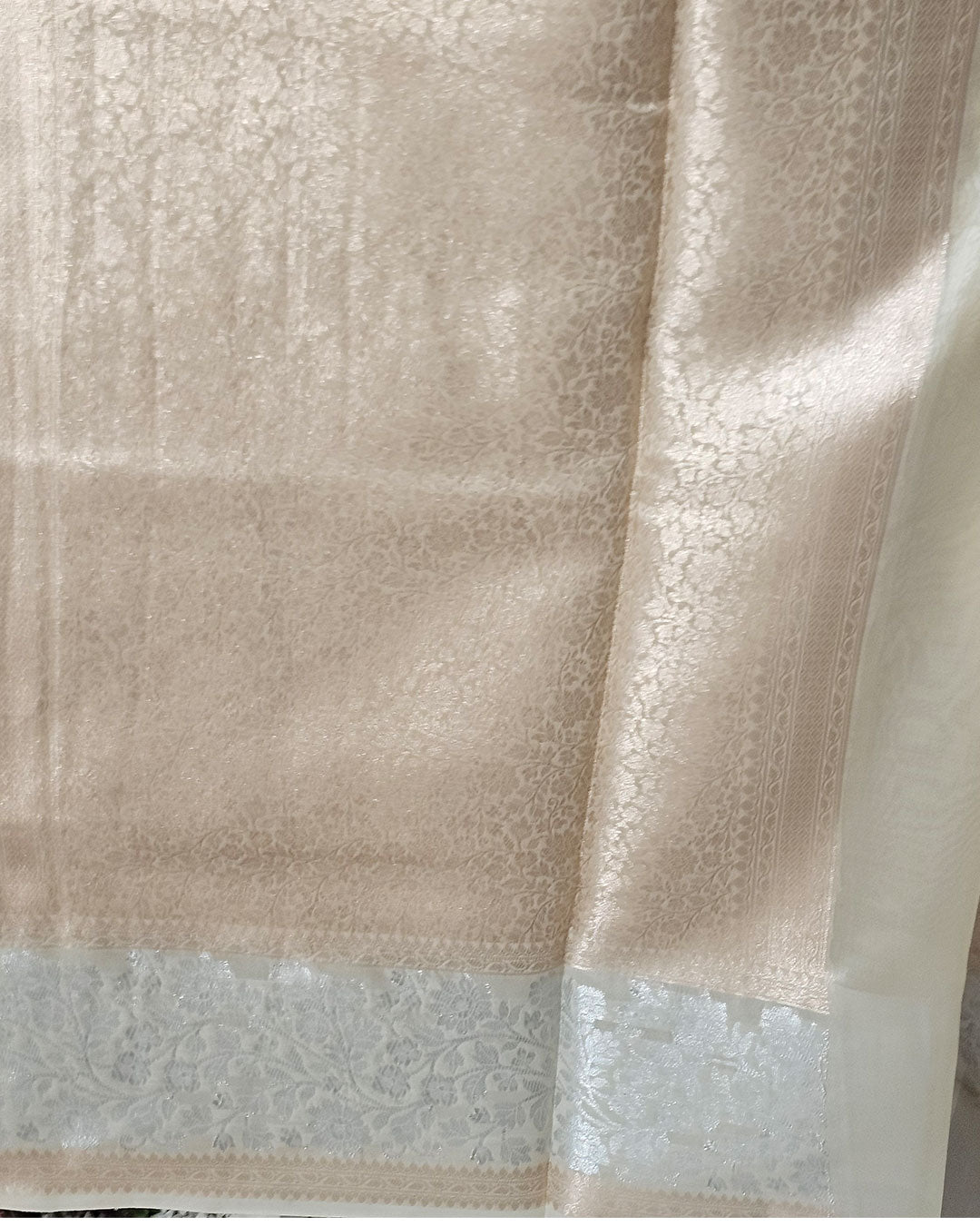 Tissue Kanjivaram Saree Light Gold Brocade with Silver Zari Floral Border & Brocade Pallu