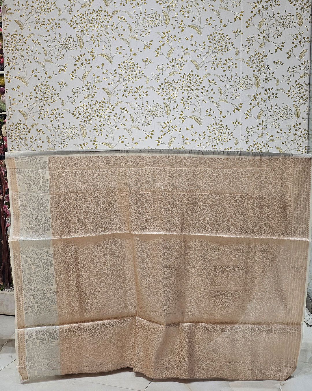 Tissue Kanjivaram Saree Light Gold Brocade with Silver Zari Floral Border & Brocade Pallu