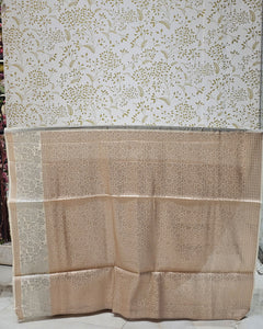Tissue Kanjivaram Saree Light Gold Brocade with Silver Zari Floral Border & Brocade Pallu