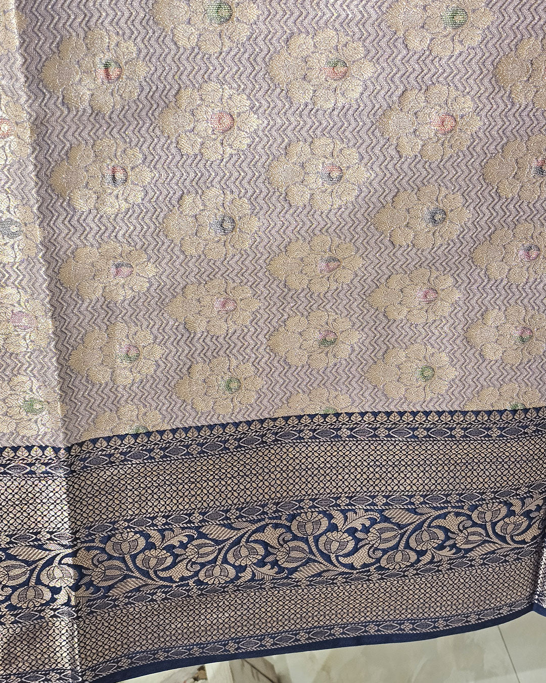 Tissue Kanjivaram Saree Floral Jaal Body with Skirt Border & Brocade Pallu