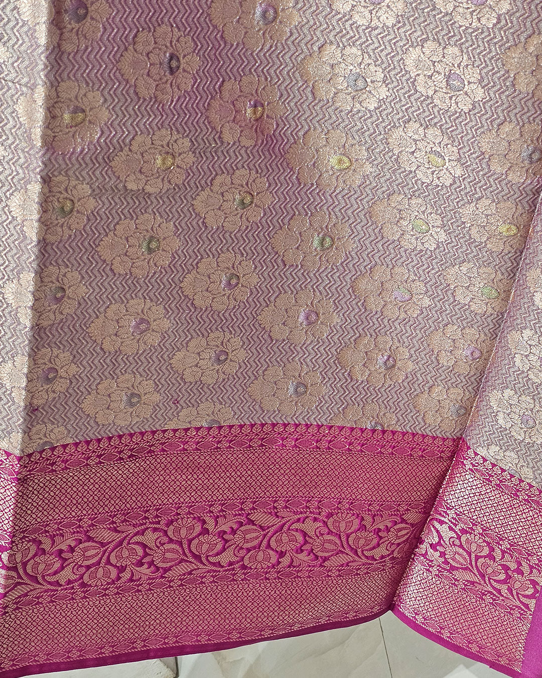 Tissue Kanjivaram Saree Floral Jaal Body with Skirt Border & Brocade Pallu