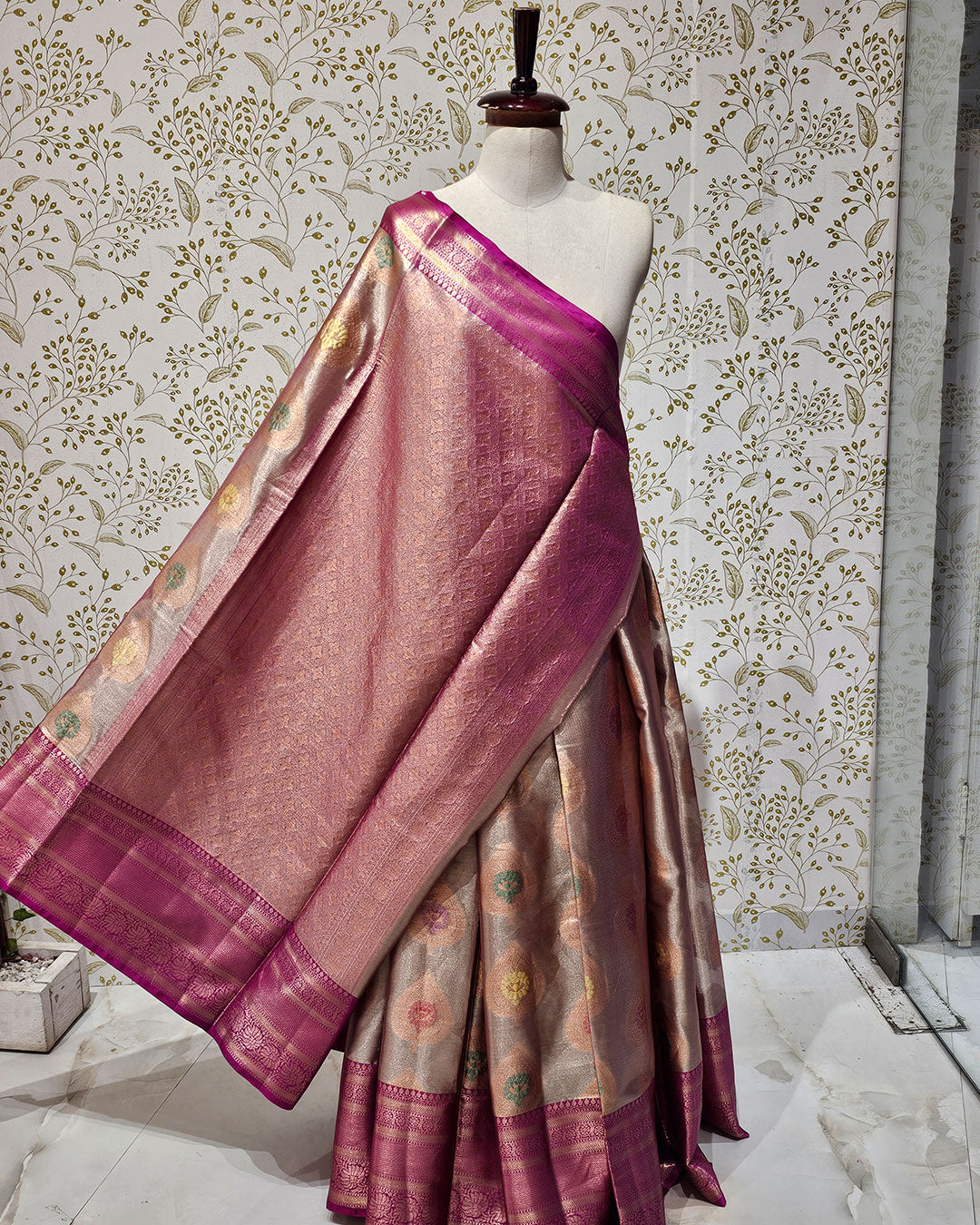 Tissue Kanjivaram Saree Meenakari Butti with Rudraksh Border & Brocade Pallu