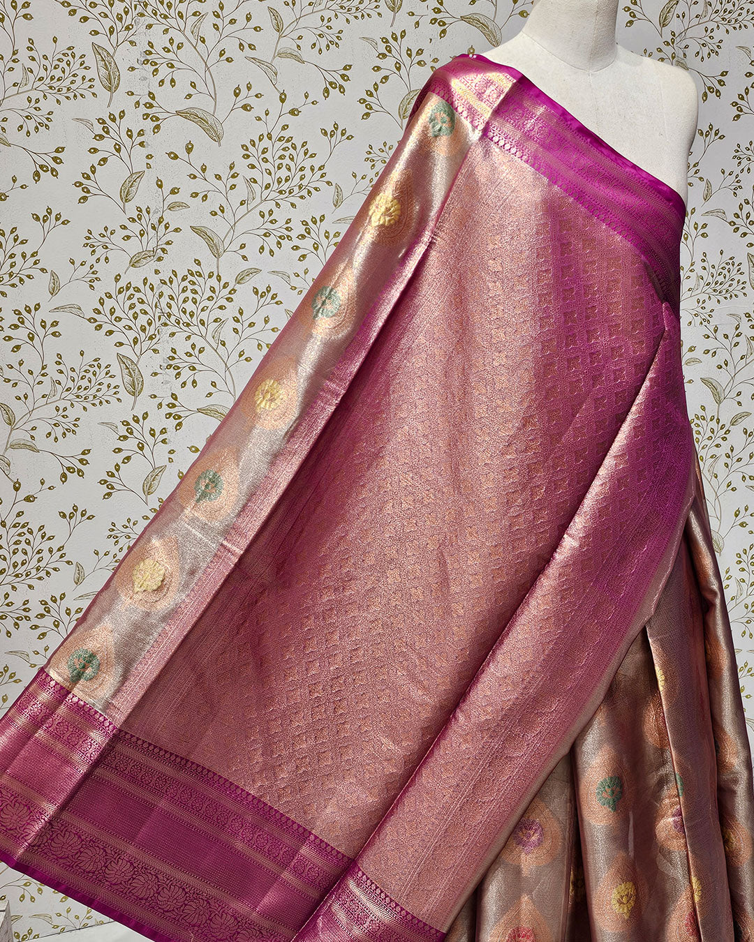 Tissue Kanjivaram Saree Meenakari Butti with Rudraksh Border & Brocade Pallu
